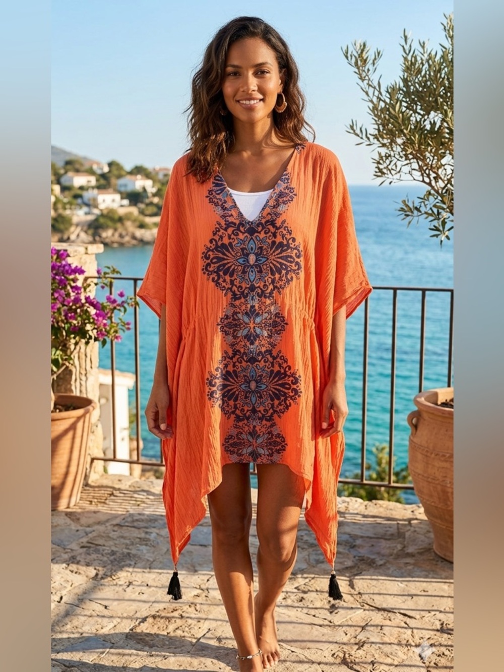 Lascana Coral and Navy Women's kaftan Swim Coverup with Tassels